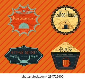 coffee shop, restaurant Set retro vintage badges, ribbons and labels hipster crumpled
