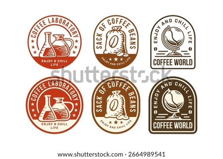 Coffee shop retro logo set. Artisanal coffee cafes vintage emblem logo graphic collections. Sack of coffee beans, Coffee laboratory and Globe. Vector Illustration