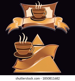 Coffee shop retro metal signs collection. Vintage coffee label templates. Old rusty poster layouts for cafe bar