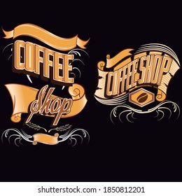 Coffee shop retro metal signs collection. Vintage coffee label templates. Old rusty poster layouts for cafe bar