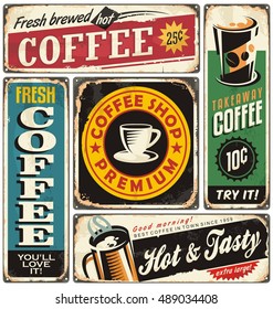 Coffee shop retro metal signs collection. Vintage coffee label templates. Old rusty poster layouts for cafe bar.