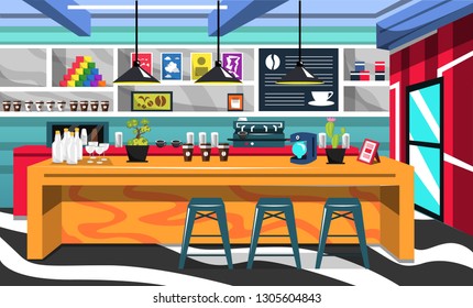 Coffee Shop Room with Coffee Maker Machine, Brown Table, Electric Stove, Bottle Display Rack, Cup Coffee for Vector Interior Ideas