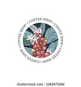 Coffee shop round emblem with colorful coffee branch. Vector illustration