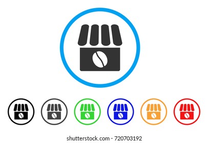 Coffee Shop rounded icon. Style is a flat coffee shop grey symbol inside light blue circle with black, gray, green, blue, red, orange color versions. Vector designed for web and software interfaces.