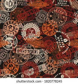 Coffee shop rubber stamp and grunge badge collection vector seamless pattern