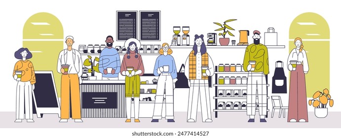 Coffee shop scene with diverse people holding drinks standing in front of counter with shelves and menu board. Modern cafe interior with plants and decor