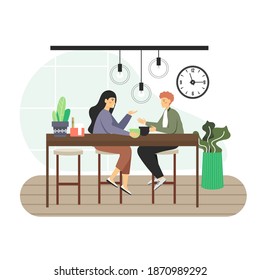 Coffee shop scene. Happy man and woman drinking coffee, talking to each other sitting at bar counter, flat vector illustration. Young people friends meeting. Coffeehouse, cafe interior.