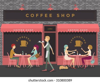 Coffee shop scene of people eating, chatting, meeting