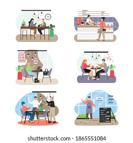 Coffee shop scene set, flat vector isolated illustration. People working on laptop, dating, meeting and talking to each other, drinking coffee sitting at tables, bar counter, buying coffee to go.