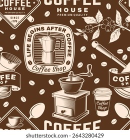 Coffee shop seamless pattern or background. Vector Seamless scene with paper coffee cup, branch of coffee tree, grinder silhouette. Coffee shop background for wallpaper or wrapper