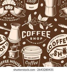 Coffee shop seamless pattern or background. Vector Seamless scene with paper coffee cup, branch of coffee tree, grinder silhouette. Coffee shop background for wallpaper or wrapper
