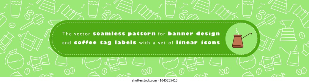 Coffee shop seamless pattern. Cafe banner design and coffee tag label with set of line icons. Coffees shop emblem, cafe menu, packaging design, organic kata logo, take away coffee, 100% arabica badge
