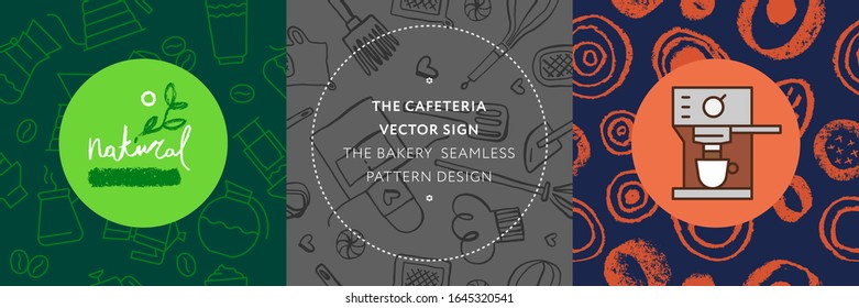 Coffee shop seamless pattern. Cafeteria banner design and coffee tag label with set of line icons. Cookery emblem, bakery background, organic coffee logo, take away coffee, 100% arabica badge.