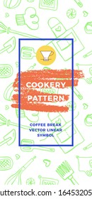 Coffee shop seamless pattern. Cafeteria banner design and coffee tag label with set of line icons. Cookery emblem, bakery background, organic coffee logo, take away coffee, 100% arabica badge.