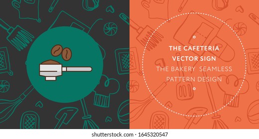 Coffee shop seamless pattern. Cafeteria banner design and coffee tag label with set of line icons. Cookery emblem, bakery background, organic coffee logo, take away coffee, 100% arabica badge.