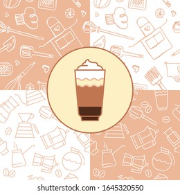 Coffee shop seamless pattern. Cafeteria banner design and coffee tag label with set of line icons. Cookery emblem, bakery background, organic coffee logo, take away coffee, 100% arabica badge.