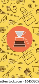 Coffee shop seamless pattern. Cafeteria banner design and coffee tag label with set of line icons. Cookery emblem, bakery background, organic coffee logo, take away coffee, 100% arabica badge.