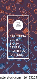 Coffee shop seamless pattern. Cafeteria banner design and coffee tag label with set of line icons. Cookery emblem, bakery background, organic coffee logo, take away coffee, 100% arabica badge.