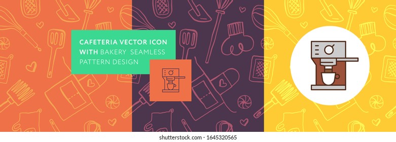 Coffee shop seamless pattern. Cafeteria banner design and coffee tag label with set of line icons. Cookery emblem, bakery background, organic coffee logo, take away coffee, 100% arabica badge.