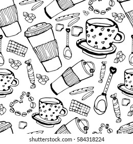 coffee shop seamless pattern. Cups, sugar and spoons Black and white. Coffee theme. Hand drawn elements. Doodle

