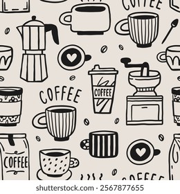 Coffee shop seamless pattern with hand-drawn doodle elements. Vector set for print, decor, textile or paper design.