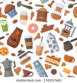 Coffee shop seamless pattern with coffee maker elements, sweets and different type of coffee. Vector illustration.