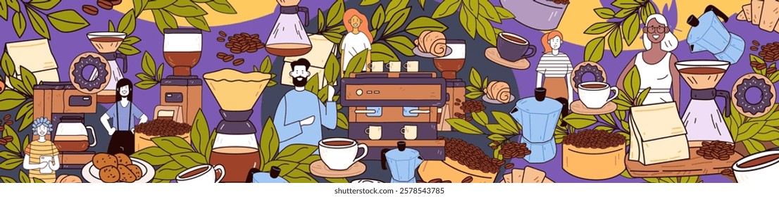 Coffee shop seamless pattern vibrant scene. Baristas brewing espresso surrounded by beans pastries coffee makers leaves. Colorful background with cups and grinders