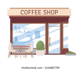 Coffee shop semi flat color vector object. Editable figure. Full sized item on white. Cozy cafe simple cartoon style illustration for web graphic design and animation. Recursive font used