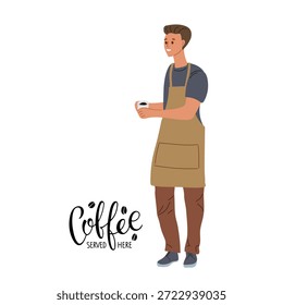 Kaffeestube. Kaffee serviert hier Kalligrafie Beschriftung Zeichen und lächelnden Mann Barista. Männlicher Mitarbeiter in spezialisierter Markenschürze mit Tasse schwarzem Kaffee. Servierkaffee-Illustration im flachen Stil