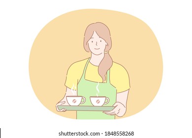 Café, servicio, concepto publicitario. Joven sonriente muchacha, barista camarera en el delantal sosteniendo una bandeja con dos tazas de té caliente de bebida. Publicidad de cafetería e ilustración de pedido. 