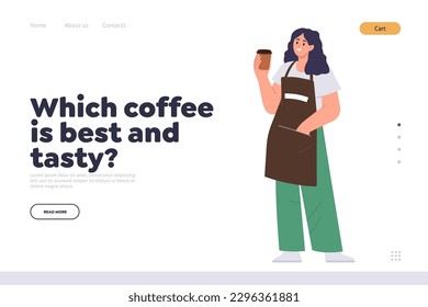 Coffee shop service landing page with happy barista advertising best hot aroma drink in takeaway cup