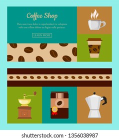 Coffee shop set of banners vector illustration. Morning coffee. Organic coffee. Always fresh and natural. Barista equipment such as espresso,coffee beans coffee pot. Cup with hot drink.