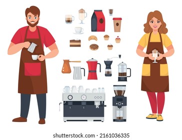 Coffee shop set with barista and coffeeshop accessories isolated vector illustration