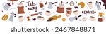 Coffee shop set. Cafe menu, coffee shop. Beans, drinks, cups, pot, package, grinder, filter, machine, portafilter, kettle. Vector illustration.