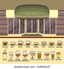 Coffee shop and set of cute various coffee icons. Flat design vector illustration of small business concept. Stylish coffee boutique. Store design template. Can be used street cafe menu, restaurant.