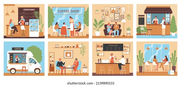 Coffee shop set with eight isolated compositions containing indoor and outdoor views of cafeterias with people vector illustration