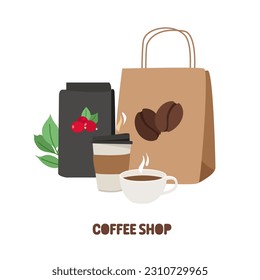 Coffee shop. Set of elements for advertising and selling coffee, cup, packaging, paper bag, leaves. Delivery and promotion of the best coffee.