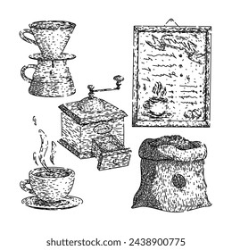 coffee shop set hand drawn. cup cafe, busy retail, blur cappuccino coffee shop vector sketch. isolated black illustration
