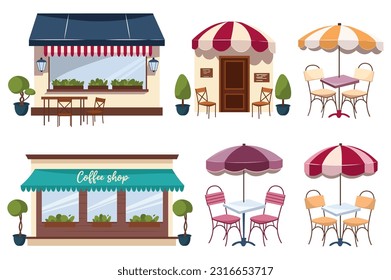 Coffee shop set. The illustration is a flat cartoon design of a coffee shop set with various elements such as cups, coffee beans, pastries, and tables. Vector illustration.