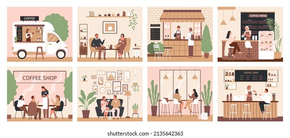 Coffee shop set of isolated color compositions with views of people meeting each other in cafe vector illustration