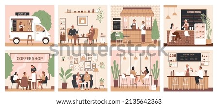 Coffee shop set of isolated color compositions with views of people meeting each other in cafe vector illustration