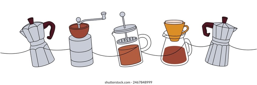 Coffee shop set one line colored continuous drawing. Small coffee grinder, French press, coffee makers continuous one line colored illustration.