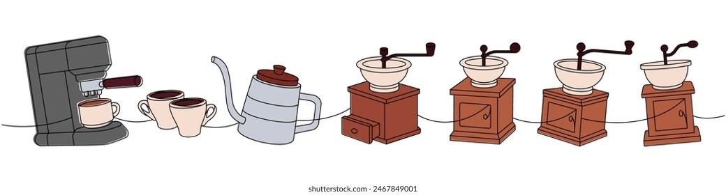 Coffee shop set one line colored continuous drawing. Coffee machine, espresso cups, gooseneck kettle, coffee grinders continuous one line illustration