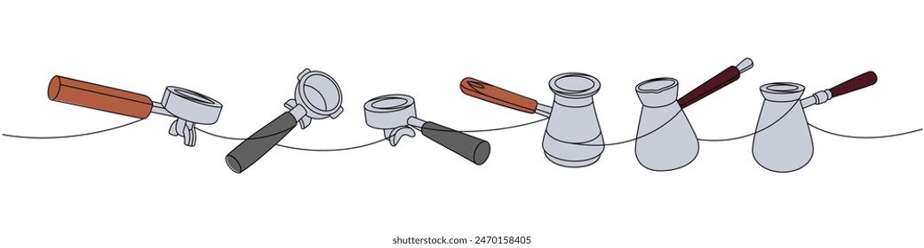 Coffee shop set one line colored continuous drawing. Portafilters for coffee machine, Turkish coffee pots continuous one line colored illustration.