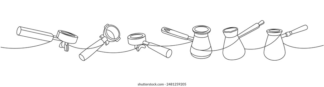 Coffee shop set one line continuous drawing. Portafilters for coffee machine, Turkish coffee pots continuous one line illustration.