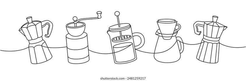 Conjunto de cafetería de una línea de dibujo continuo. Pequeño molinillo de café, prensa francesa, cafeteras ilustración continua de una línea.