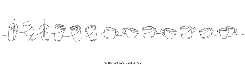 Coffee shop set one line continuous drawing. Takeaway coffee cups, plastic coffee cups continuous one line illustration.