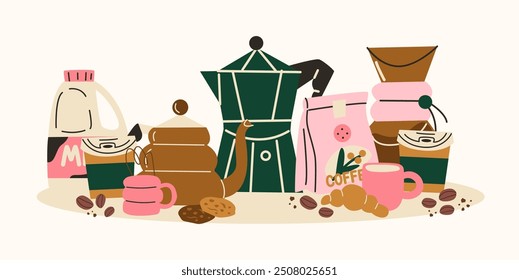 Coffee shop set. Сups, teapots, ground coffee, coffee beans, teapot. Retro doodle hand drawn cartoon illustration of coffee brewing in vector