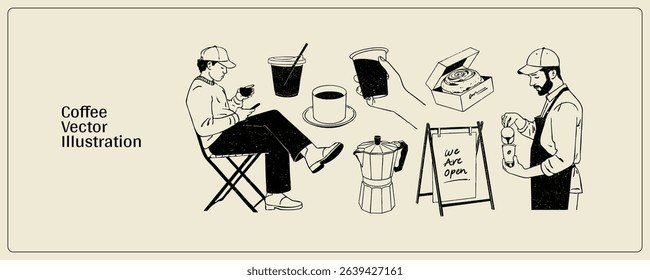 Coffee shop set vector design with vintage retro hand-drawn style vector illustrations