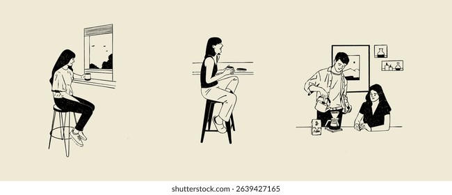 Coffee shop set vector design with vintage retro hand-drawn style vector illustrations, People making coffee sketch